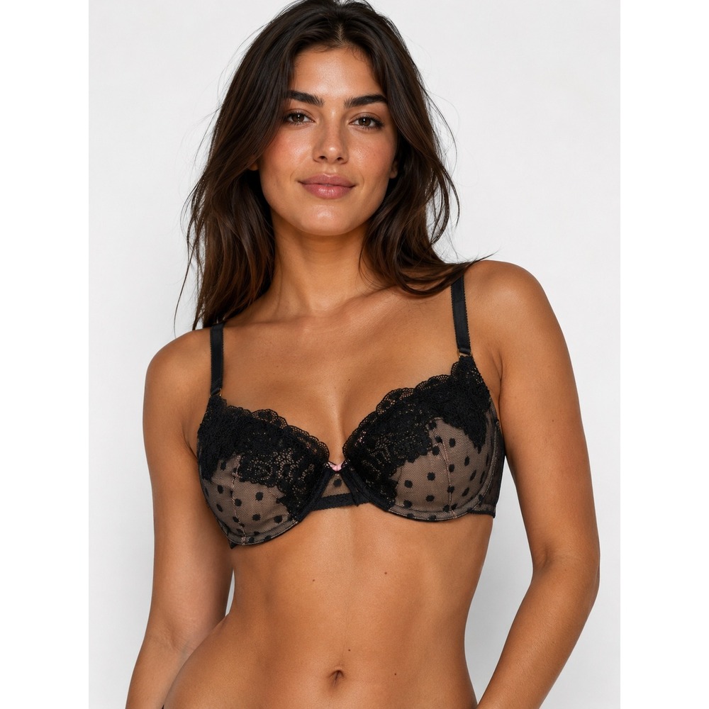 Victoria's Secret Very Sexy Black Lace Sheer Polka Dot‎ Balconet Bra 36D